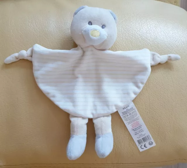 TBE - Doudou Tom & Kiddy Bisous D'ange Ours Plat Blanc Rayé Jaune Grelot