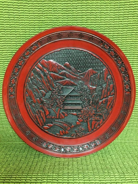 Vintage 11.75" Red Lacquerware Plate Tray Hodo Showa Period Japanese Chinese