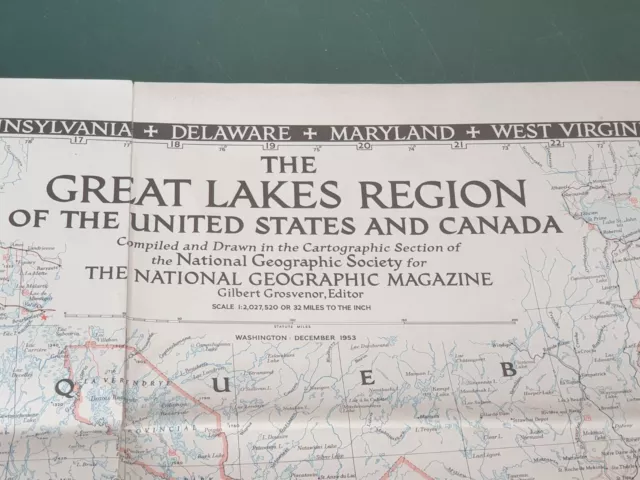 Vintage 1953 National Geographic Map  The Great Lakes Region U.s.a. And Canada