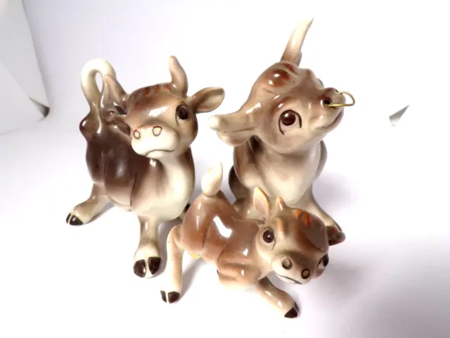 Vintage Ceramic Brown Milk Cow Bull Family Made In Japan Set Of 3
