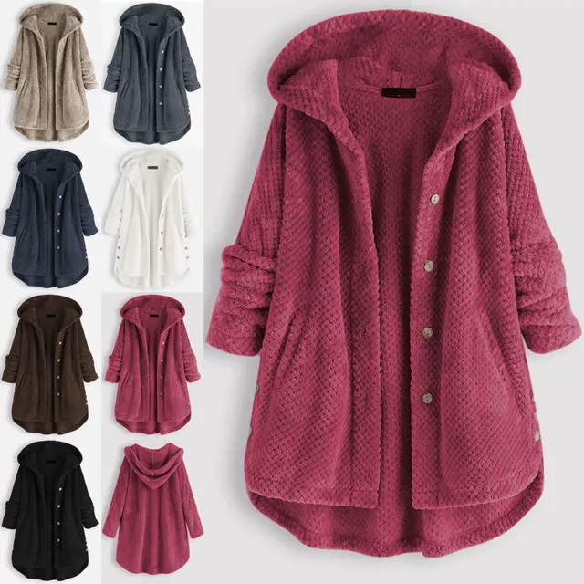 Womens Fleece Winter Warm Hooded Coat Ladies Teddy Bear Fleece Jacket Size S-6XL