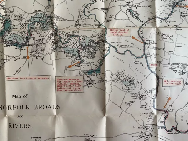 Stanford vintage paper map of Norfolk Broads with amusing annotations of a trip