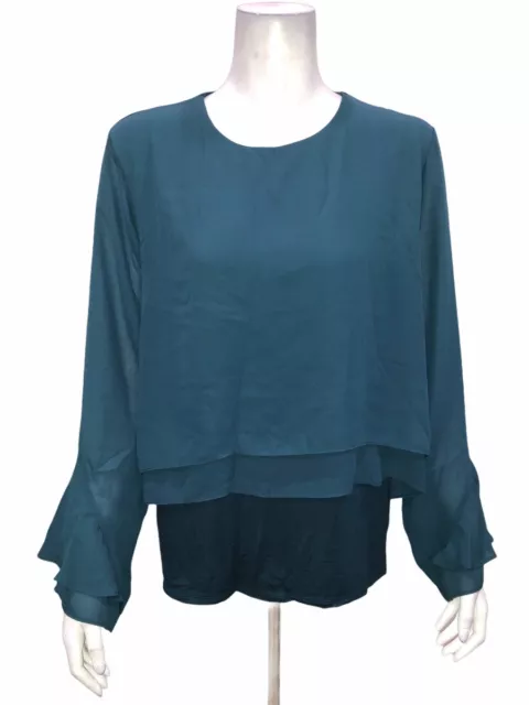 Lisa Rinna Collection Women's Flounce Long Sleeves Blouse Top Blue Large Size