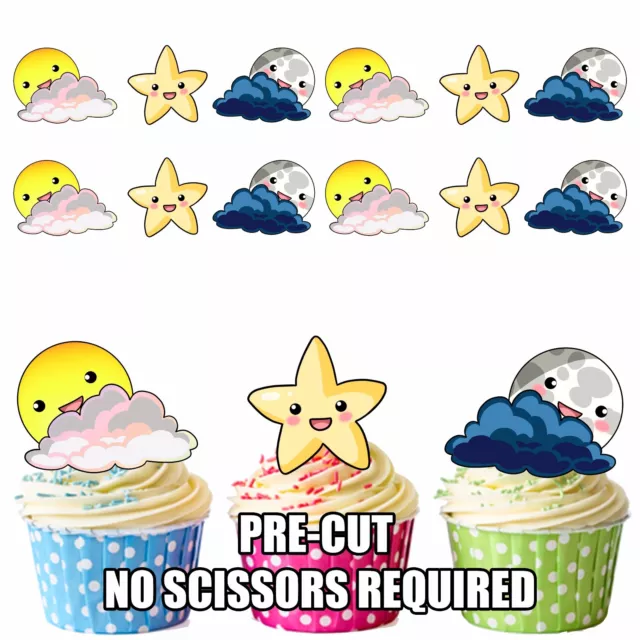PRECUT Moon Sun & Stars Edible Cupcake Toppers Cake Decorations Party Birthday