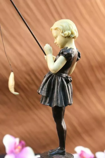 Preiss Solid Bronze Little Girl Fishing Figurine Sculpture on Green Marble Base