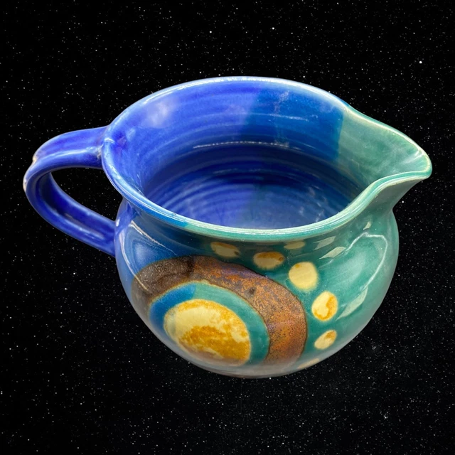 Tracie Manso Art Pottery Blue Green Small Pitcher Signed 4”T 6”W 3