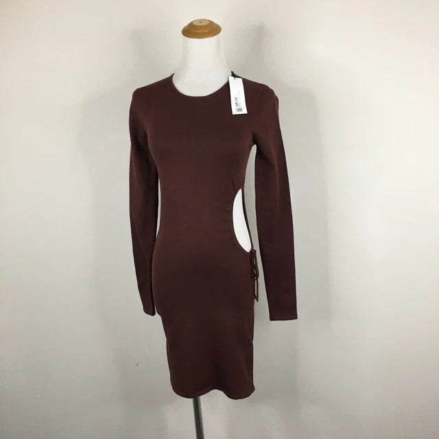 NWT ZARA BROWN Cut Out Long Sleeve Stretch Knit Midi Dress Womens sz Small  $31.20 - PicClick