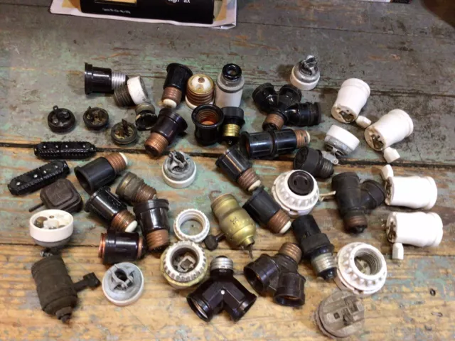 Huge Lot Of Antique Lamp Light Sockets And Parts