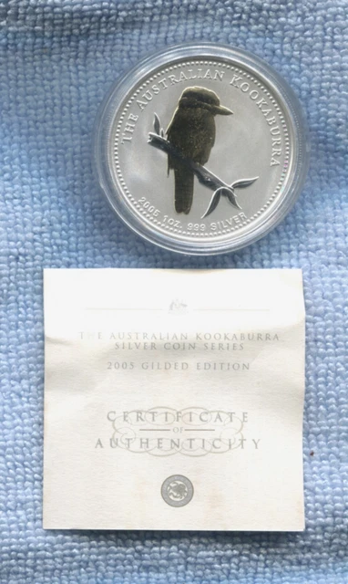 2005 $1 Kookaburra 1oz Silver Coin Gold Gilded Edition in Capsule & COA G-532