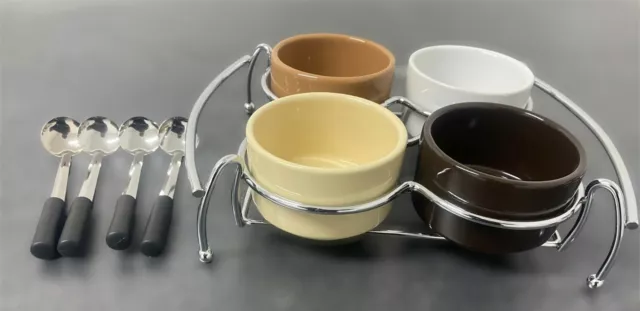 4 Bowl Ceramic Chocolate or Cheese Fondue Set with Chrome Stand and 4 Spoons 3