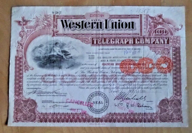 Western Union Telegraph Co. stock certificate 1966