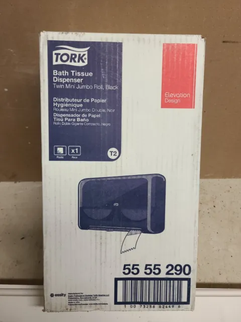Tork Bath Tissue Dispenser, Twin Mini Jumbo Roll, Black, model 55-55-290
