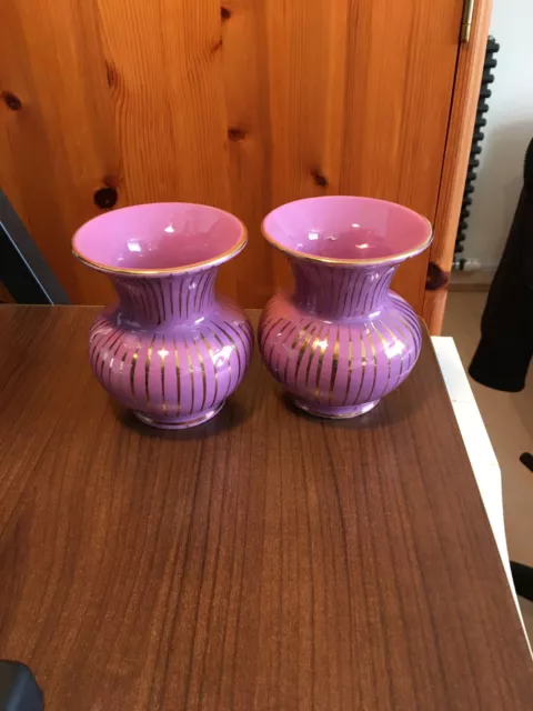 Retro German Pottery Vase Pair U-Keramik Ueberlacker Purple Gold 9cm Tall