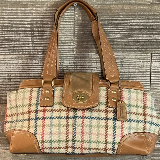 Coach F13987 Hampton Wool Tattersall Carryall Satchel Bag