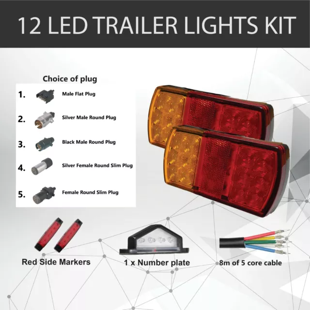 2 x 12 LED TRAILER LIGHTS KIT, Trailer Plug, CABLE, Side Marker, No. Plate Light