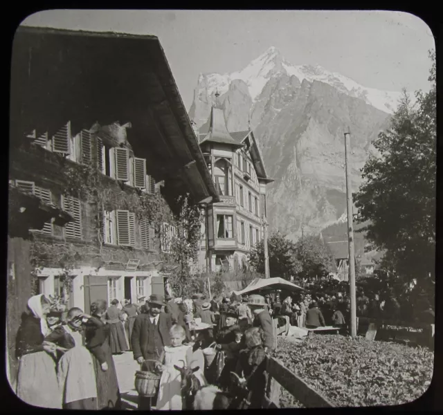 Glass Magic Lantern Slide MARKET DAY IN GRINDELWALD C1910 PHOTO SWITZERLAND