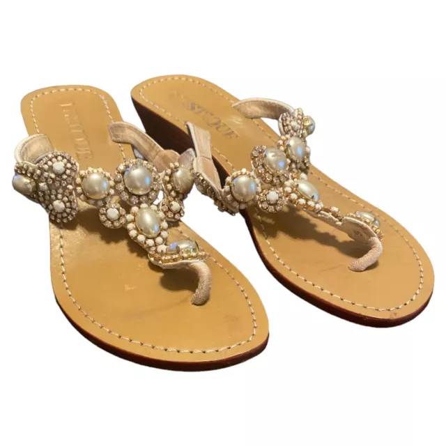 Mystique Jeweled White Pearl Wedge Thong Sandals Women’s Size 7 Formal Wedding