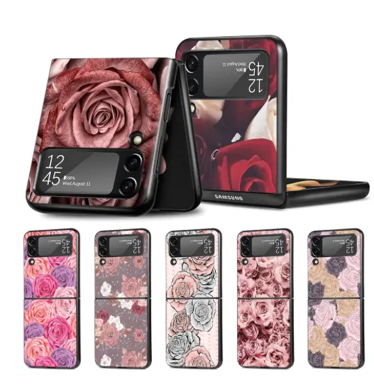 Pink Rose Bling Flower Hulle Cover Case for Samsung Galaxy Z Flip 4 Z Flip 3