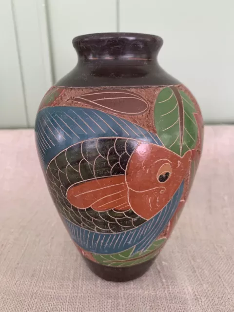 Carved & Painted Ceramic Vase from Costa Rica, Rican, Gold Fish 6” Tall