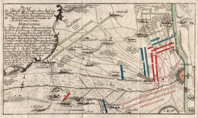 Minden Batalla 1759 Original Colorido Grabado 1760