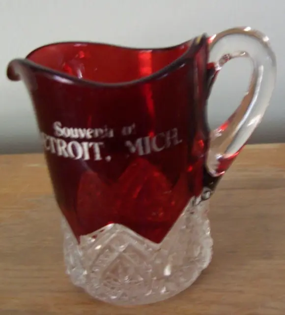 Antique Souvenir Of Detroit,  Michigan Ruby Red Flash Glass 4" Pitcher