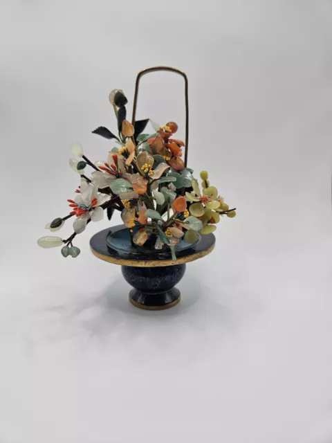 Vintage Cloisonné Enamel Jade Quartz Floral Blossom Tree Basket 7 1/2"