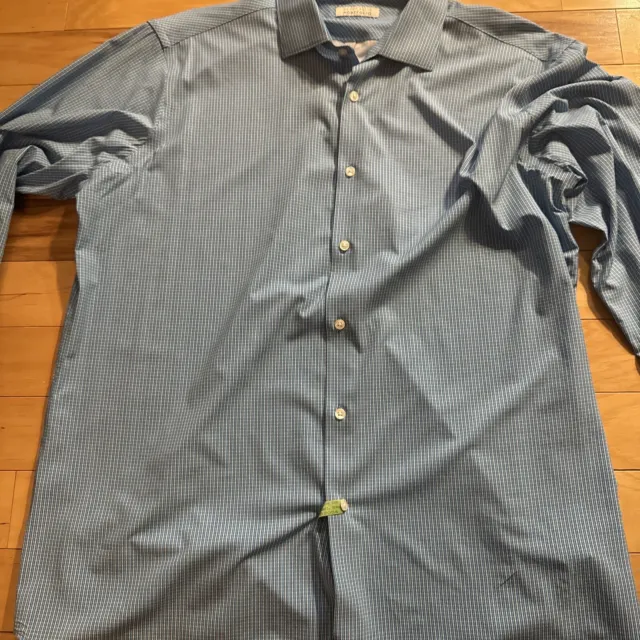 Perry Ellis Portfolio Shirt Mens 17 34/35 Button Up Blue Plaid Long Sleeve