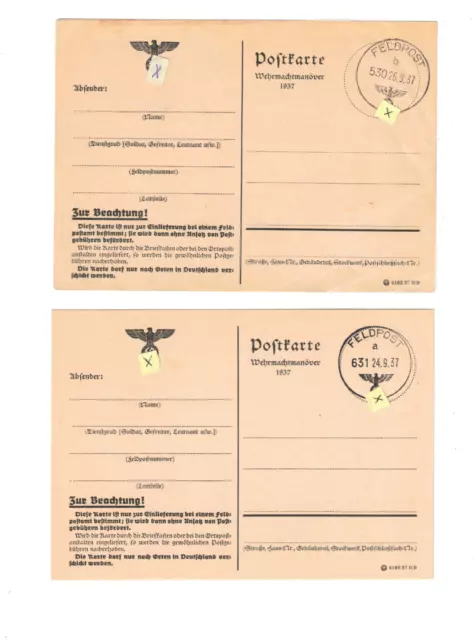 6W Feldpost 530 b 26.9.37 + Feldpost 631 a 24.9.37 Vorpommern Wehrmachtsmanöver