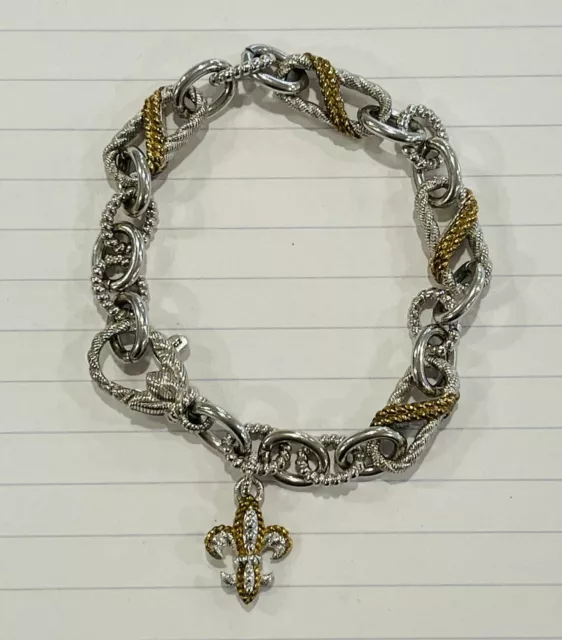 Judith Ripka 925 Sterling Silver Gold Accent Fleur De Lis Chain CZ Bracelet 7.75