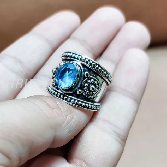 Bague en pierre précieuse topaze bleue de Londres en argent sterling 925...