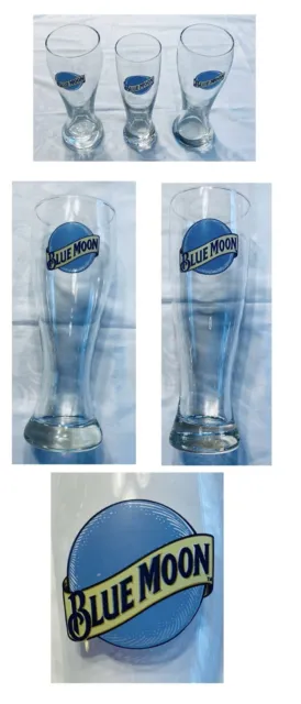 Vintage BLUE MOON Pilsner Glasses  22 oz. & 16 oz. Clear Logo 3-Piece Set