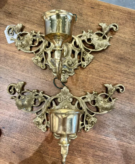 Stunning Pair of Lrg Vintage Ornate Brass Wall Sconces Taper Candle Holder