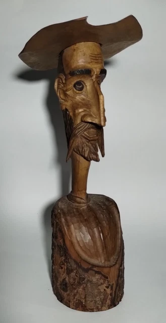 Hand carved Wood Sculpture Western Cowboy Head Bust Folk Art Vintage