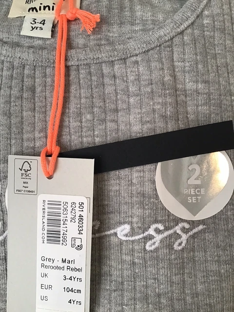 Set di peplum a costine principessa grigio River Island età 3-4 anni nuovo con etichette 12