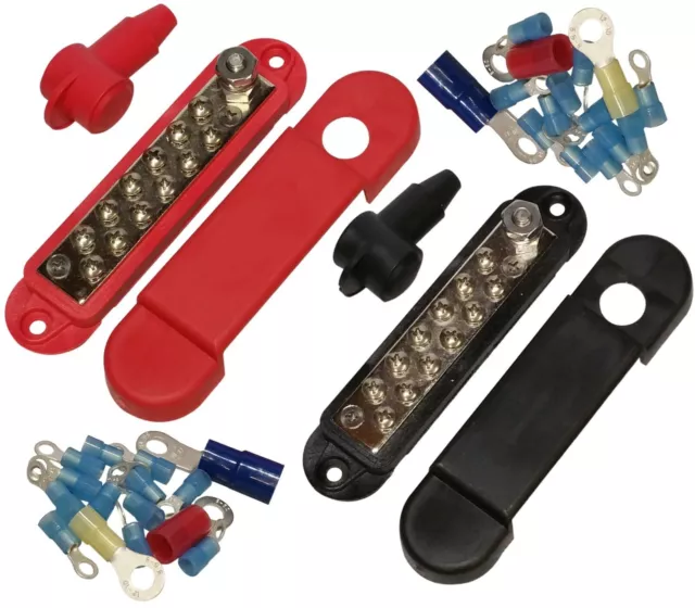 (Pair - Red & Black) 12 Terminal Distribution Block -BUSBARS- With Ring Terminal