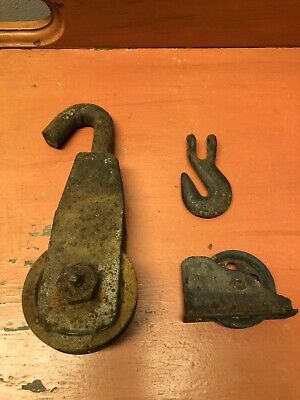 Antique Cast Iron Barn Pulley with hook hanger & misc tools old rusty vtg junk !