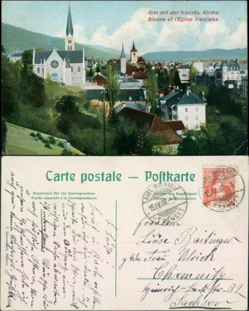 Ansichtskarte Biel Bienne Stadtpartie mit Kirche 1908