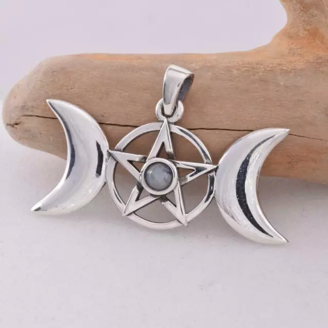 TRIPLE MOON GODDESS PENTAGRAM PENDANT Sterling Silver Moonstone Wicca Pagan +BOX