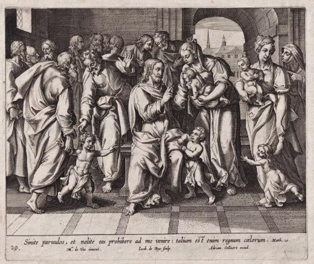 J. de Bie M. de Vos Christ blessing children Bible Kupferstich engraving 1598