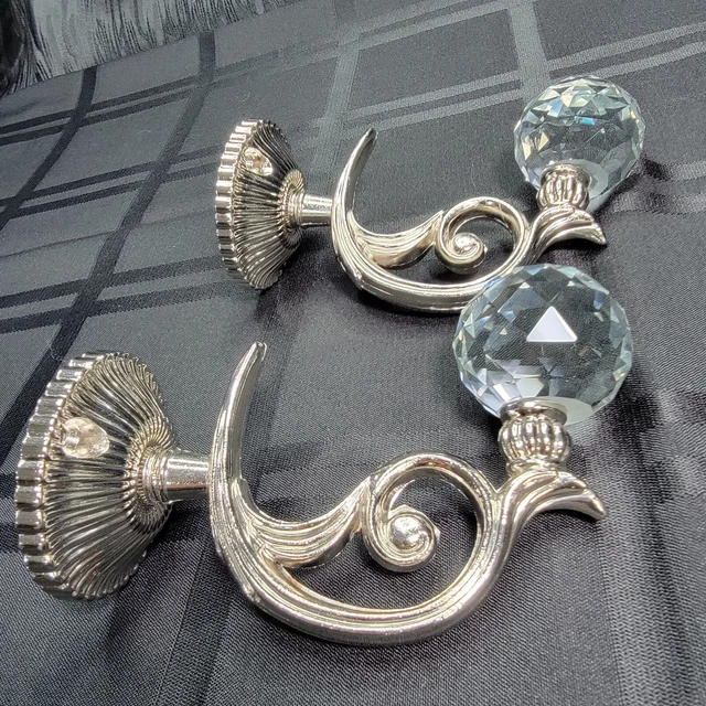 Pair of Glass Crystal Curtain Holdbacks Silver Hooks Drapery Tiebacks