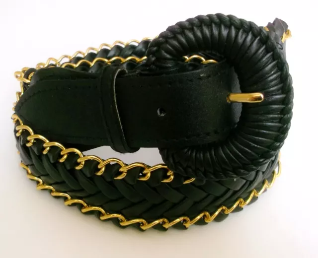 Ceinture  Femme Tressee Simili Cuir Noir Et Chaine Dore Taille 75 / 80 / 85