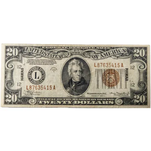 1934a Federal Reserve Hawaii Note - Twenty Dollars (Very Fine)