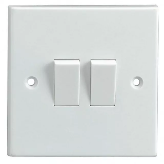 2 Gang 2 Way Double Light Switch White Plastic 10 Amp Single Plate