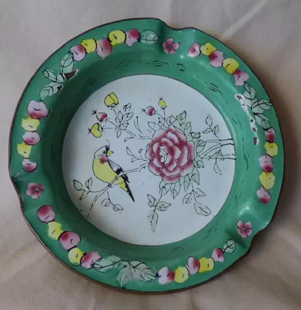 1920s Antique Graniteware Hand Painted ASHTRAY Yellow Bird in Rose Bush
