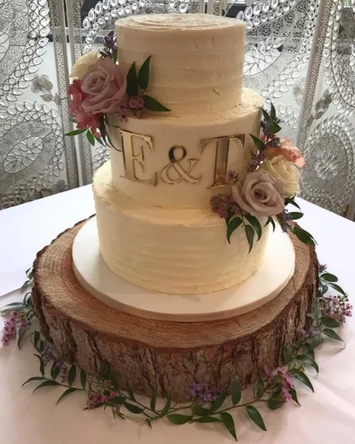 15" (38cm) Rustic log slice, wooden wedding cake stand, centerpiece