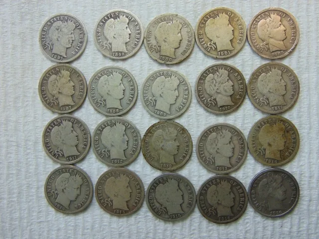 Collection Of 20 Different Date/Mint Silver Barber Dimes