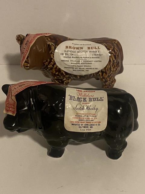 Lot 2 - WILLSHER'S Brown+Black BULL SCOTCH WHISKEY Mini Decanter Liquor Bottles