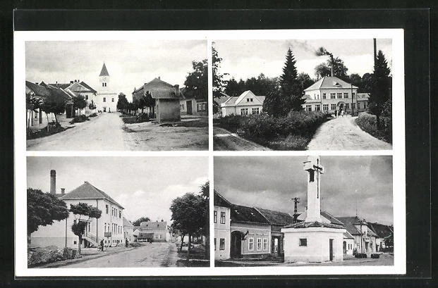 AK Osrozska Nova Vez, Straßenpartie mit Kirche, Denkmal, Ortspartie 1942