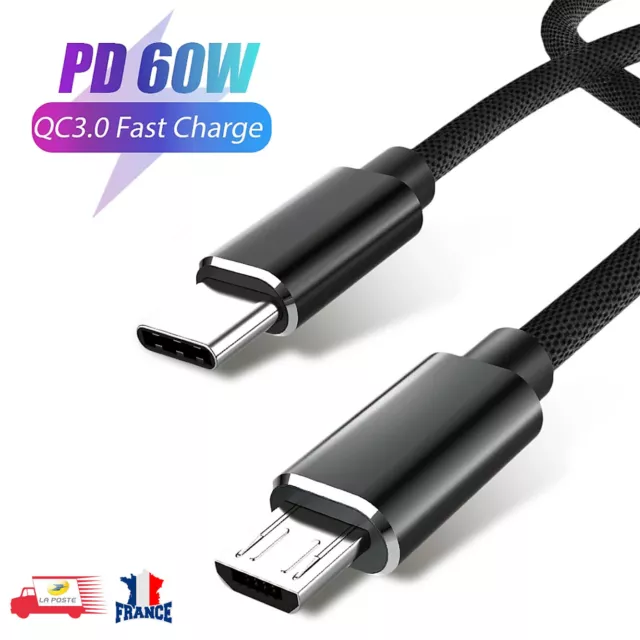 Câble USB Type-C vers Micro USB 3A PD 60W, charge rapide, transfert de données 1