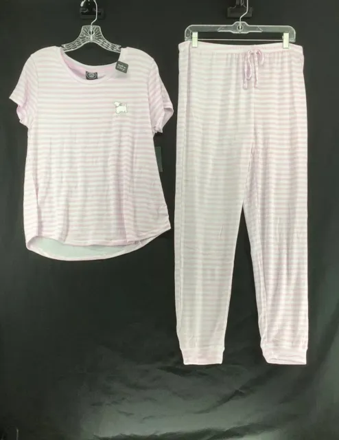 Laura Ashley Womens Striped Short Sleeve Crew Neck Pink Pajama Set Size Large